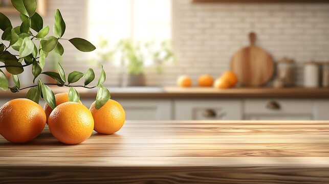 Oranges on kitchen table, blurred background for product placement
