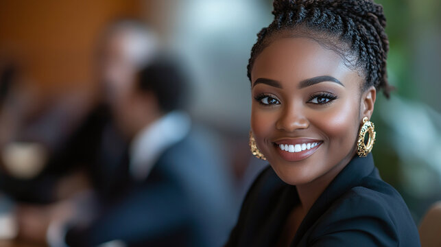 Happy black skinned african american businesswoman smiling at camera, sitting at a table desk in an office boardroom with colleagues. team discussion about marketing project ideas on workplace.