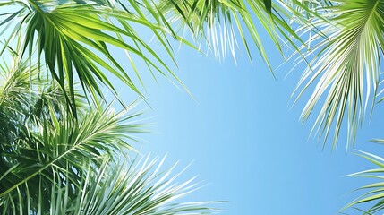 Fototapeta premium Palm leaves frame clear blue sky, tropical background