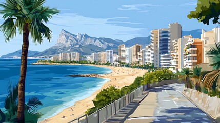 Fototapeta premium Coastal city beach, mountain view, sunny day, summer vacation