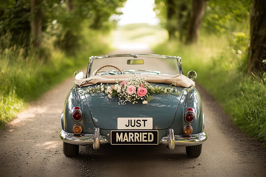 Vintage convertible car decorated with flowers driving down a picturesque country road