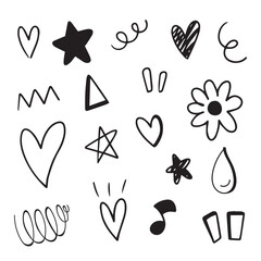 Doodle hand drawn with black line. Element of star, heart, roll and music.