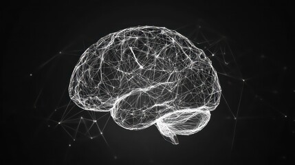 Wireframe model of a human brain on black background.