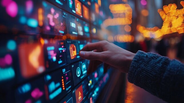 Interactive Futuristic Cityscape: A Hand Interacting with a Digital Display