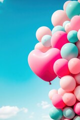 Whimsical pastel balloon heart floats in clear blue sky inviting joy and celebration