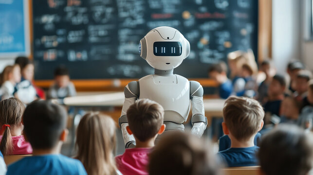 Robot standing in elementary or primary kindergarten school classroom full of toddler preschool boys and girls. kids or children education, ai artificial intelligence teacher, futuristic technology.