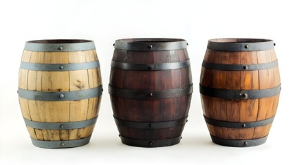 Wooden barrels, whiskey casks, oak barrels, different wood tones, rustic, vintage, cylindrical shapes, metal bands, brewery, winery, distillery, artisanal craftsmanship, photorealistic, studio 