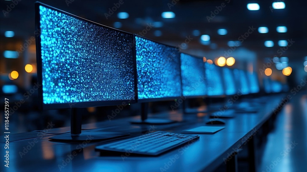 Poster row of computers with glowing blue data streams in a modern office setting