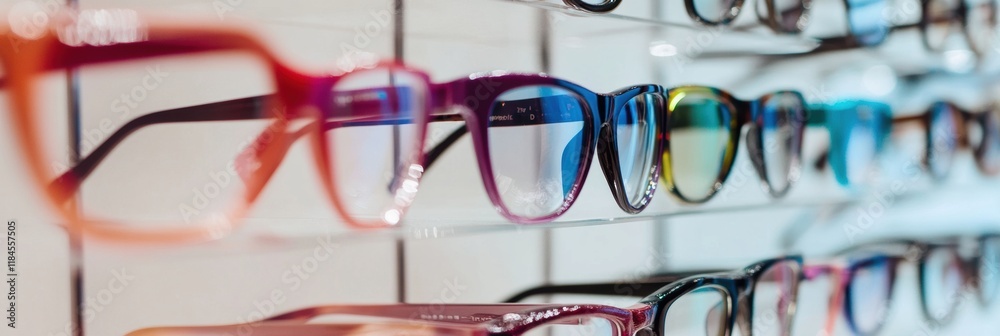 Aufkleber close up view of a female eye behind glasses for vision correction in a store setting during dayligh