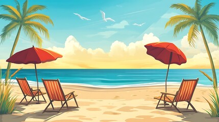 Tropical beach with chairs, umbrellas, and ocean view at sunset