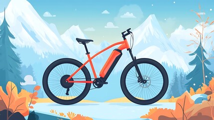 Fototapeta premium E-bike in snowy mountains, autumn forest background, adventure travel