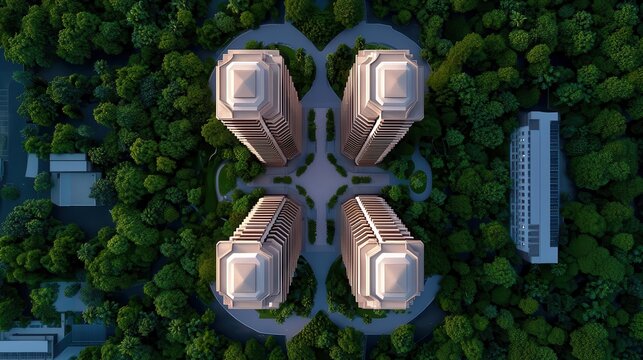 Architectural design of a twintower complex forming a heart shape when viewed from above, celebrating unity
