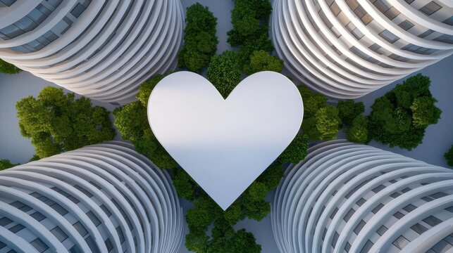 Architectural design of a twintower complex forming a heart shape when viewed from above, celebrating unity