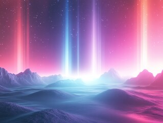 Alien Landscape Illuminated by Neon Lights and Stars