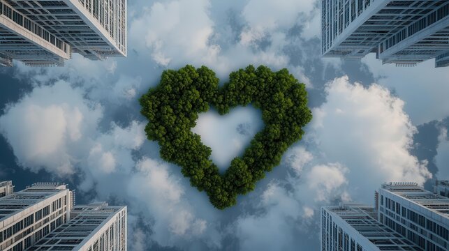 Architectural design of a twintower complex forming a heart shape when viewed from above, celebrating unity