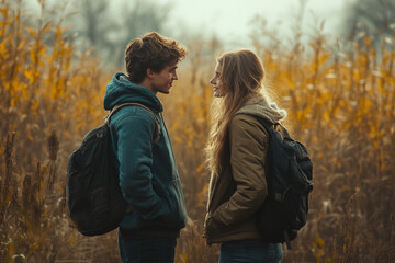 Fototapeta premium Couple enjoying a peaceful moment together in a field during the golden hour of evening