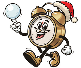 Alarm Clock playing snowballs and wearing a christmas hat
,          Cartoon Character Mascot Illustration Vector Clip-art Hand-drawn Logo Design
