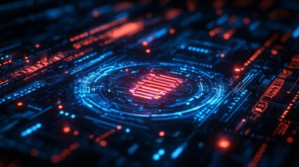 Abstract Digital Circuit Board: Neon Glow and Red Data Stream