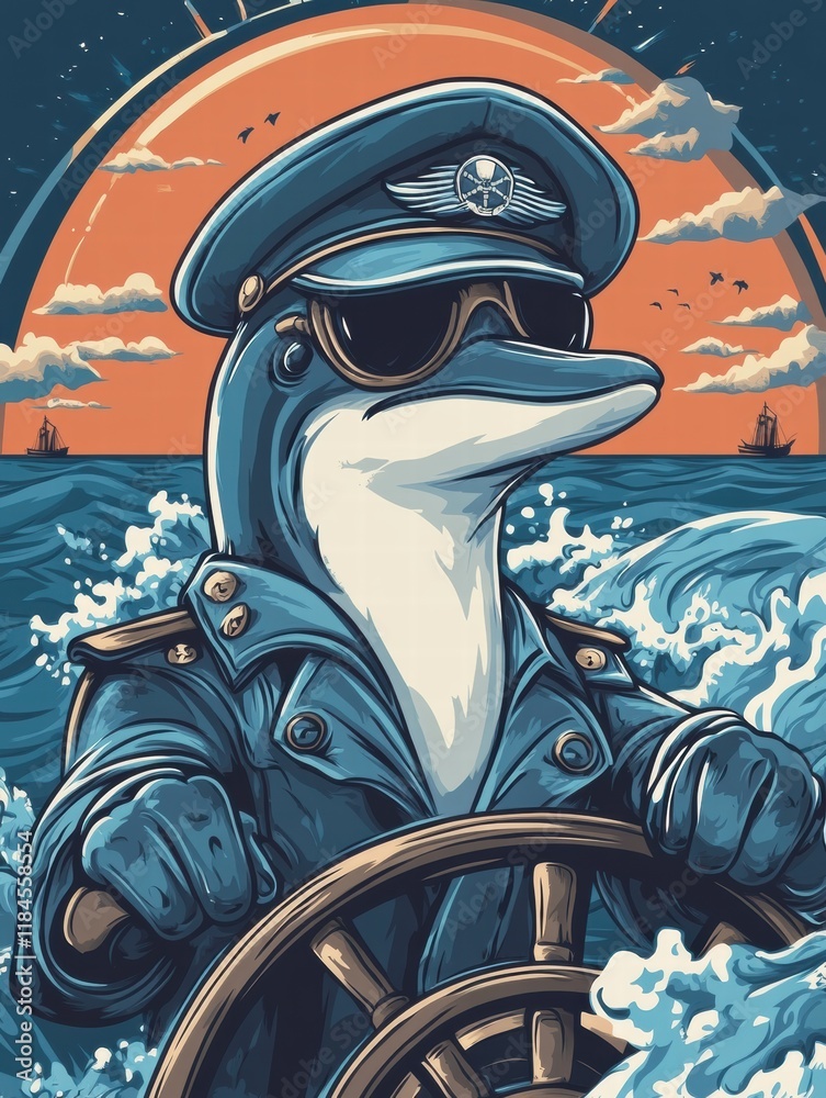 Poster dolphin dressed as a ship captain navigating the ocean with a ships wheel during sunset. generative 