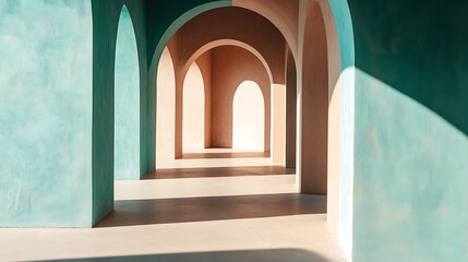 Architectural passageway with teal and beige arches