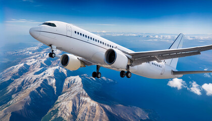 Fototapeta premium Un avion de pasajeros volando sobre el mar y montañas con un cielo azul