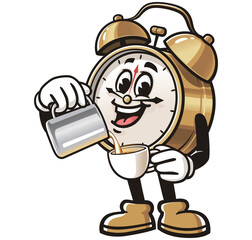 Alarm Clock as Barista,       Cartoon Character Mascot Illustration Vector Clip-art Hand-drawn Logo Design