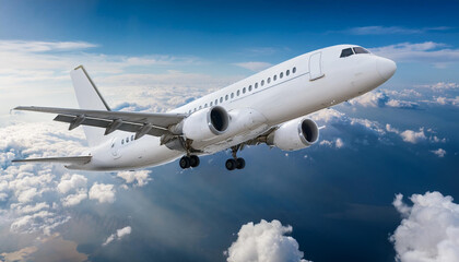 Obraz premium Un avion de pasajeros volando entre nubes y un cielo azul