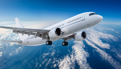 Fototapeta premium Un avion de pasajeros volando entre nubes y un cielo azul