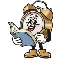 Alarm Clock with book,        Cartoon Character Mascot Illustration Vector Clip-art Hand-drawn Logo Design