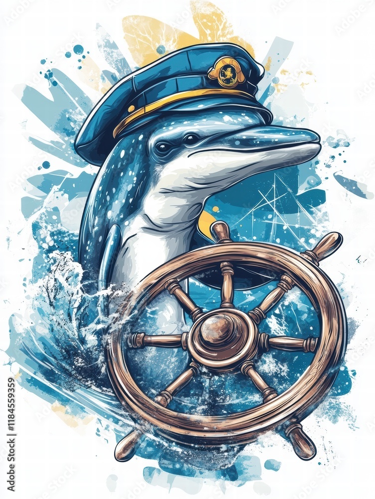 Poster dolphin in captains hat navigates ocean waves while holding ships wheel in a playful maritime advent