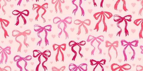 Bow ribbon seamless pattern. Cute pink bow ribbon print background. Vector crayon hand drawn pattern. Valentine's day girl gift illustration. Brush vintage cute pink seamless print watercolor heart bg
