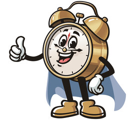 Alarm Clock with caped superhero style,      Cartoon Character Mascot Illustration Vector Clip-art Hand-drawn Logo Design