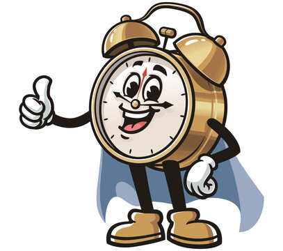 recommend clip art: Alarm Clock with caped superhero style,      Cartoon Character Mascot Illustration Vector Clip-art Hand-drawn Logo Design