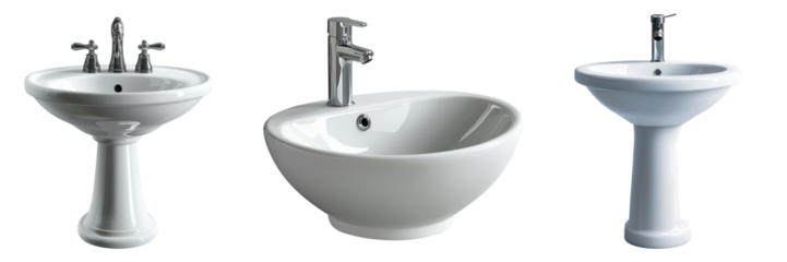 A set of modern white ceramic pedestal sink with chrome faucet, ideal for minimalist bathrooms and contemporary interior design.