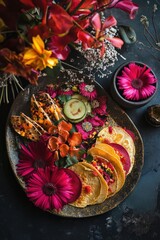 Fototapeta premium Lunar New Year tacos with bold flavors, red and gold tortillas, vibrant garnishes