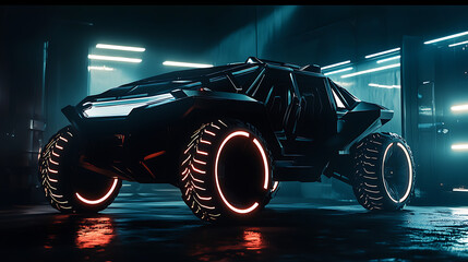 A futuristic car with neon lights on the tires