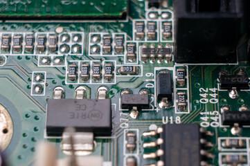 Macro photo of printed circuit board with SMD components