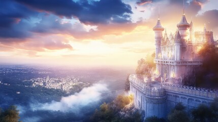 Naklejka premium Sunset Majesty: Fairytale Castle Above Misty Kingdom