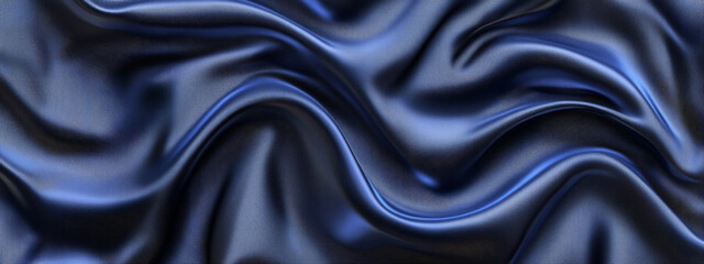 Obraz premium Elegant navy blue satin fabric with gentle folds and wavy patterns, creating a soft, gradient background with a smooth, shiny surface.