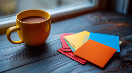 A set of colorful flashcards spread across a table next to a cup of hot chocolate, evoking late-night study sessions 