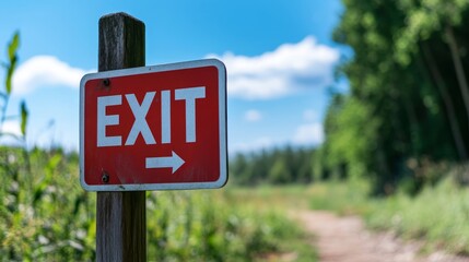 A red exit sign directing towards a path in a natural setting.