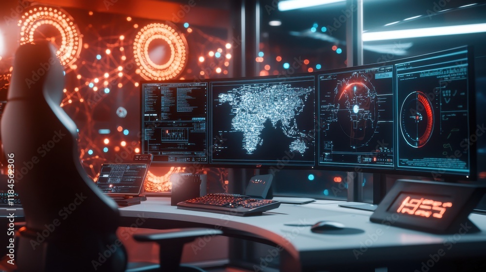 Poster futuristic digital interface with global data analytics dashboard