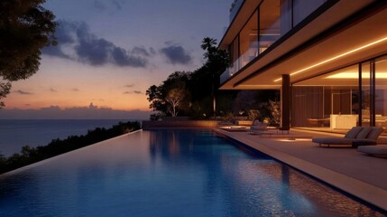 Fototapeta premium Embrace relaxation in a stunning villa with a pool as the sun sets.
