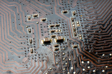 Electronic SMD elements and electrical circuit board close-up