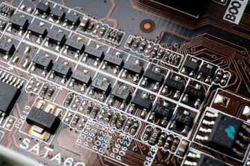 Electronic SMD elements and electrical circuit board close-up