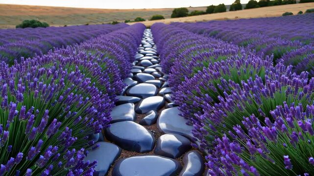 Lavender field illuminated with glowing stones forming a scenic path through swaying flowers under a soft sunset sky, creating a calming contrast between floral hues and stone glow

