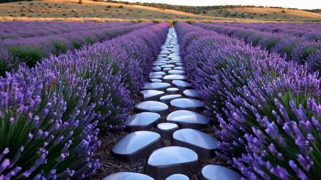Glowing stones create a serene path through a lavender field, illuminated by the soft hues of a sunset, with flowers gently swaying in the breeze against a tranquil sky

