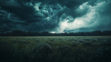 Fototapeta premium Stormy Field: Dramatic Rain and Lightning Landscape