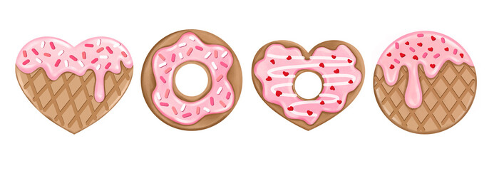 A set of heart and circle cookies, wafers and donuts with engraving, an illustration for Valentine's Day 
