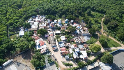 Tiny fisherman's town seen from drone in a poverty suburbs or slumber. 3rd world country very remote location 